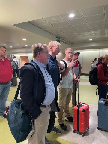 Arrival! Abe Smith looks on as Dr. Terry Hejny, Kurtis Harms, Mitch Oswald and Andrew Bellamy await their baggage claim in San Juan, Costa Rica. 
