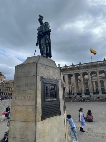 Plaza de Bolivar is the political square in Colombia’s capital city Bogota. Simon Bolivar, who liberated several countries - including Colombia - from the Spanish empire, is prominently featured throughout the area.
