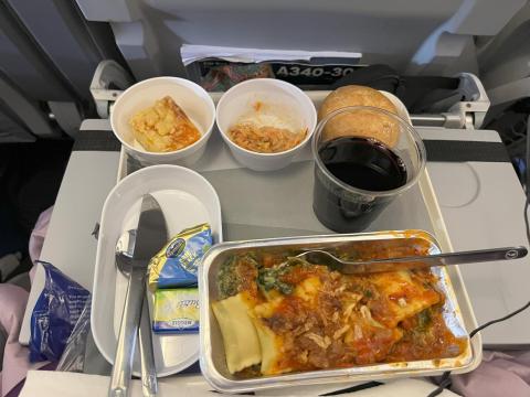 One of the in-flight meals on the long international flight. 