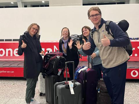 Anna Shadbolt, MiK Fox, Amber Shane and Rhett Montgomery are grateful to finally get their luggage in Tirana.