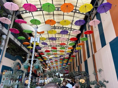 Umbrellas hanging as art in a local mall.