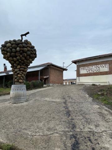 Grape cluster made of rocks from the stream that runs through the Mrizi i Zanave property. The buildings in the background are where cheeses, jams, wine and other foods are made. 