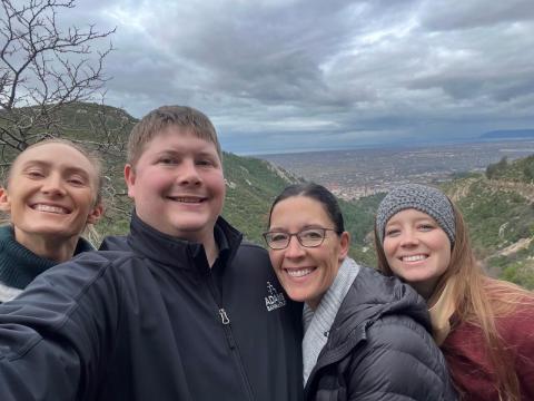 Anna Shadbolt, Jakob Burke, Kari Christenson and MiK Fox pose for a picture with on the slope of St. Anthony’s church, close to the cave of St. Blaise.